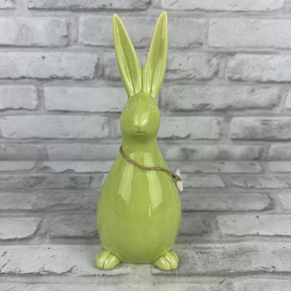 Gold Canyon Green Ceramic Bunny Rabbit With Flower Necklace 8.5 Inches Tall